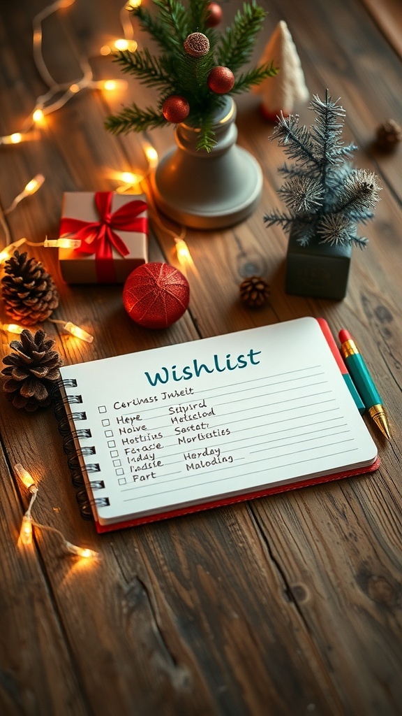 Christmas Wishlist Notes Recipe A colorful Christmas wishlist on a wooden table with festive decorations.